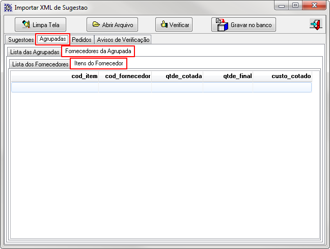 PedCentral - Sugestoes (Estoque) - Import - Form Importar XML de Sugestao - Aba Agrupadas - Fornecedores da Agrupada - Itens do Fornecedor.png
