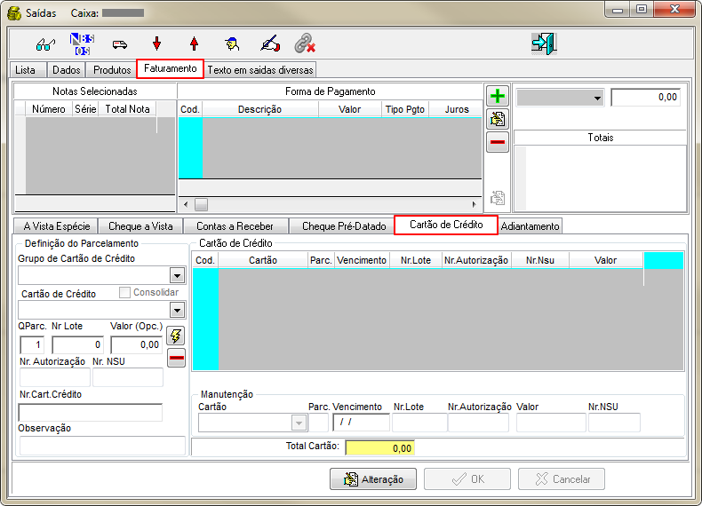 Caixa Operacional - Aba Extrato - Botao Nota Fiscal de Venda - Form Saidas Caixa - Aba Faturamento - Cartao de Credito.png