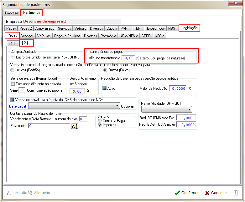Tabelas - Parametros Gerais 2 - Legislacao - Pecas - Aba 2 Parametro Aliq. na trasnsferencia (Se zero, vai pegar da natureza).png