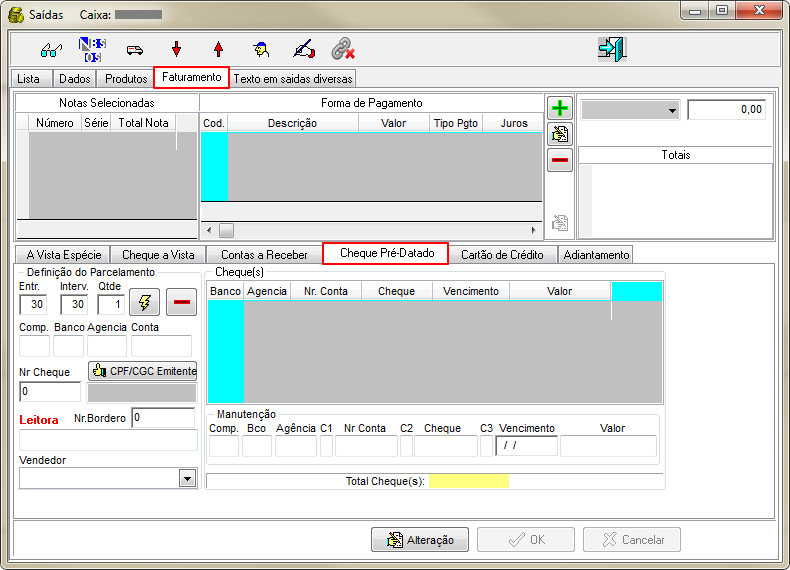Caixa Operacional - Aba Extrato - Botao Nota Fiscal de Venda - Form Saidas Caixa - Aba Faturamento - Cheque Pre-Datado.png