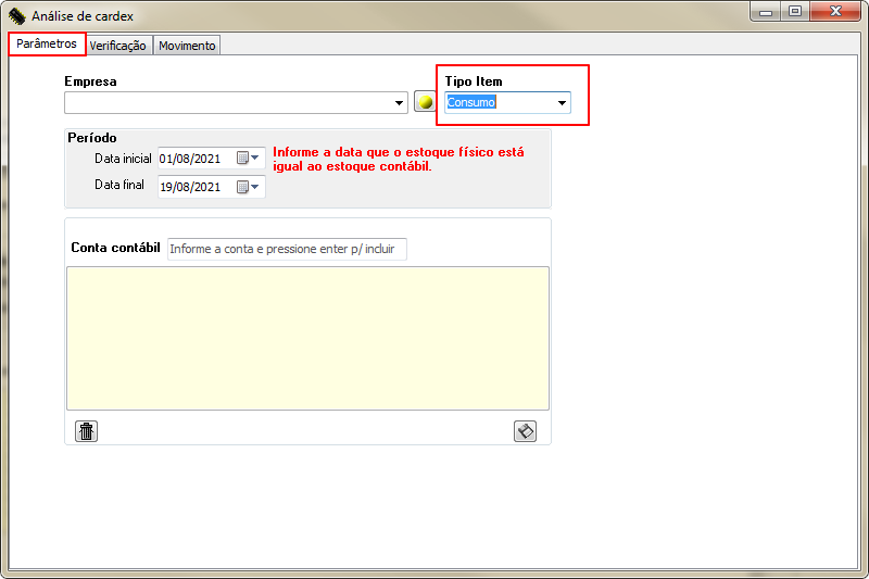 Almoxarifado - Estoquista - Cardex - Novo Cardex Contabil - Botao Analise - For Analise de Cardex - Aba Parametros.png