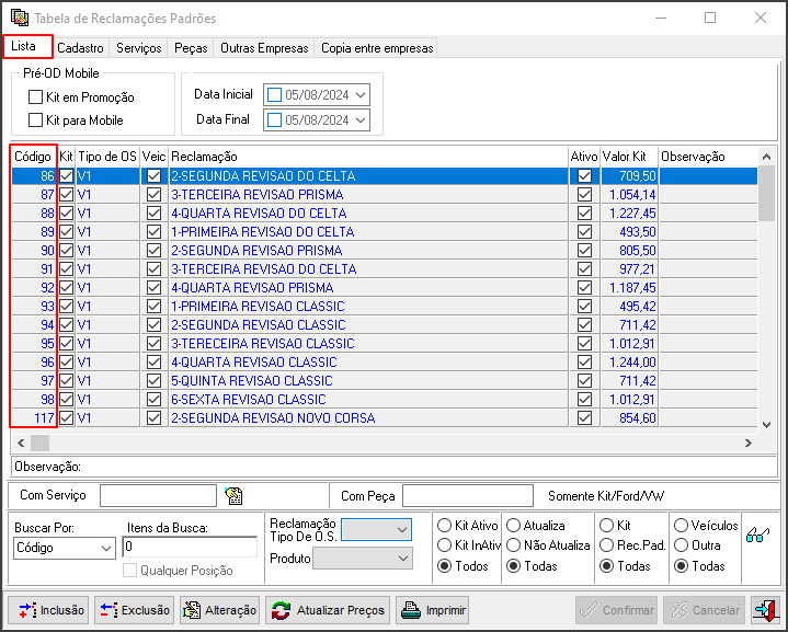 Módulo OS - Tabelas - Serviços - Reclamações Padrões-Kits - Aba Lista.png