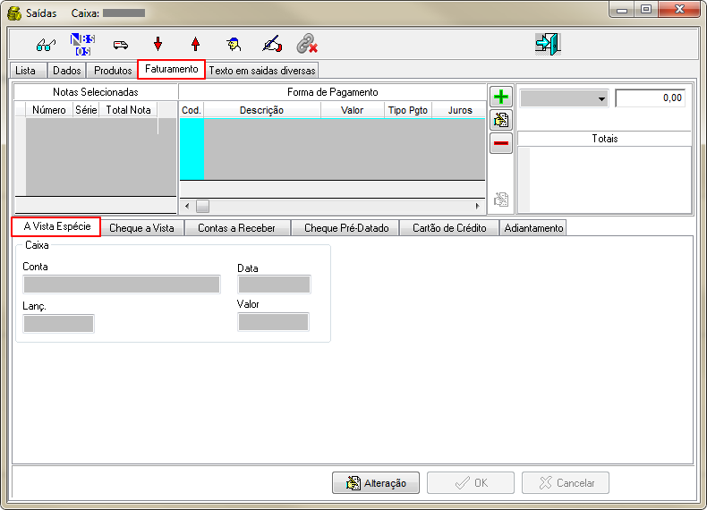 Caixa Operacional - Aba Extrato - Botao Nota Fiscal de Venda - Form Saidas Caixa - Aba Faturamento - A Vista Especie.png