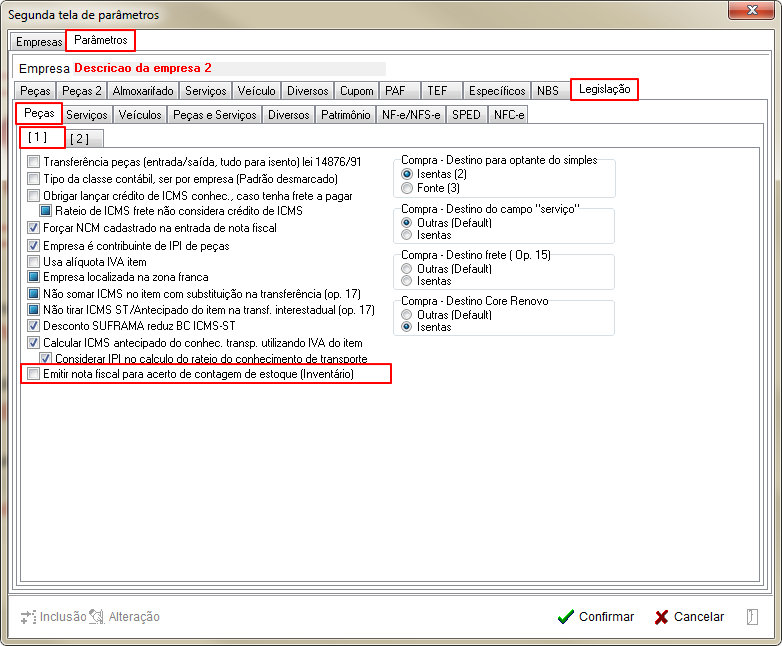 Tabelas - Parametros Gerais 2 - Legislacao - Pecas - Aba 2 Parametro Emitir nota fiscal para acerto de contagem de estoque (inventario).png