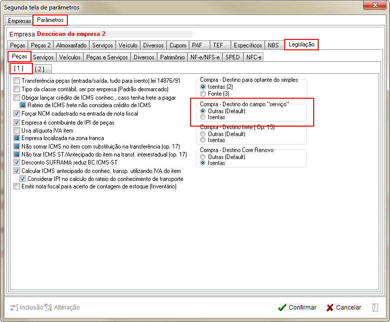 Tabelas - Parametros Gerais 2 - Legislacao - Pecas - Aba 2 Parametro Compra - Destino do campo servico.png