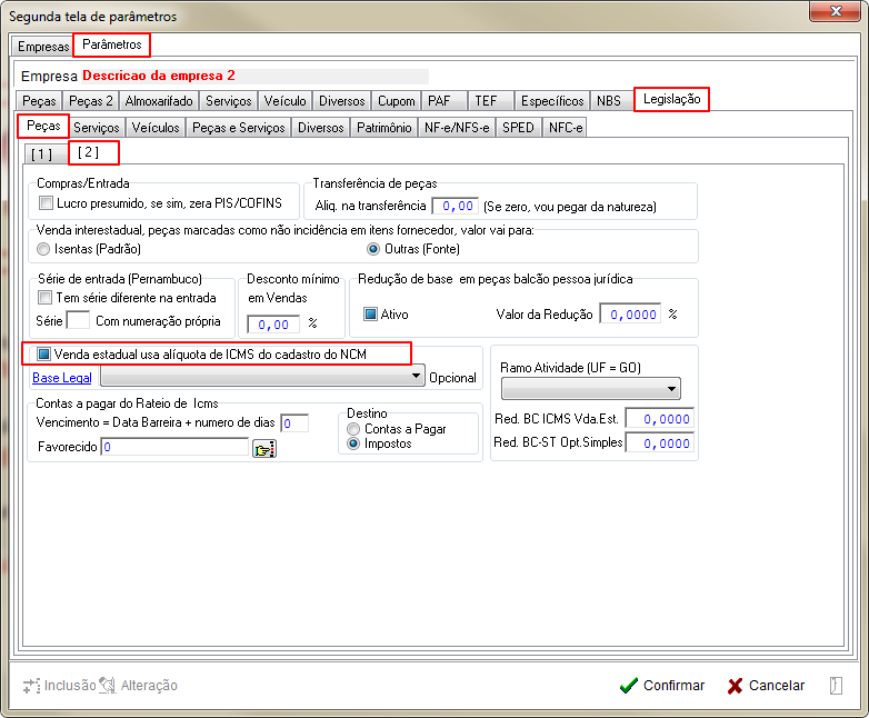 Tabelas - Parametros Gerais 2 - Legislacao - Pecas - Aba 2 Parametro Venda estadual usa aliquota de ICMS do cadastro do NCM.png