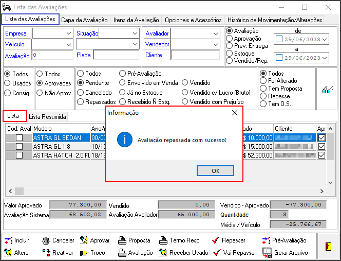 Avalia - Controles - Lista das Avaliações - Botão Repasse - Form Motivo do Repasse - Tela Informativa.png