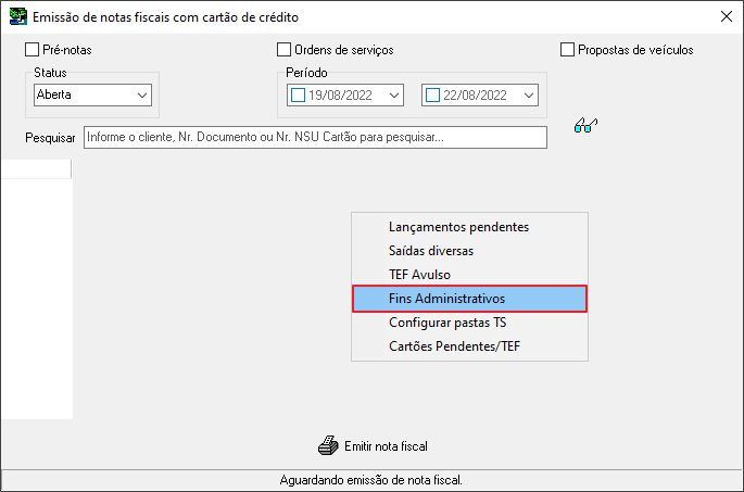 Sisfin - Botao Tesouraria - Form Tesouraria - Aba Extrato - Botao TEF - Form Emissao de NF com CCredito - Menu Flutuante Fins Administrativos.png