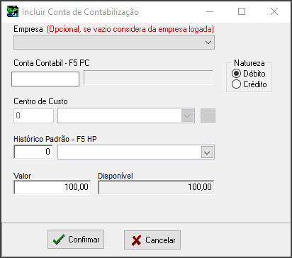 Sisfin - Ctas a Pagar - Carteira Ctas a Pagar - Ctas a Pagar - Botão NF Compra - Botão Incluir Entrada - Form Entrada Diversas - Dados - Contabilização - Incluir - Form Incluir Cta Contabilização.png