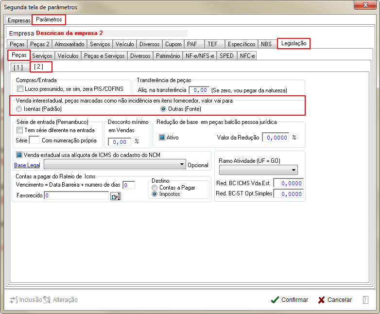 Tabelas - Parametros Gerais 2 - Legislacao - Pecas - Aba 2 Parametro Venda interestadual, pecas marcadas como nao incidencia em itens fornecedor, valor vai para.png