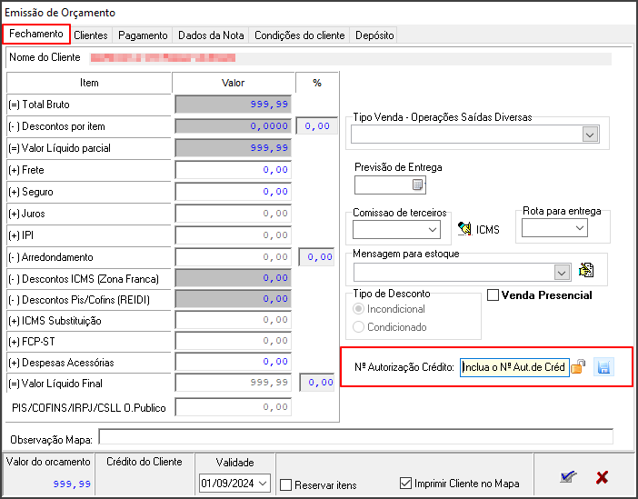 Release - Vendas - Aba Fechar S. F6 - Botão Orçamento - Campo N Autorização Crédito.png