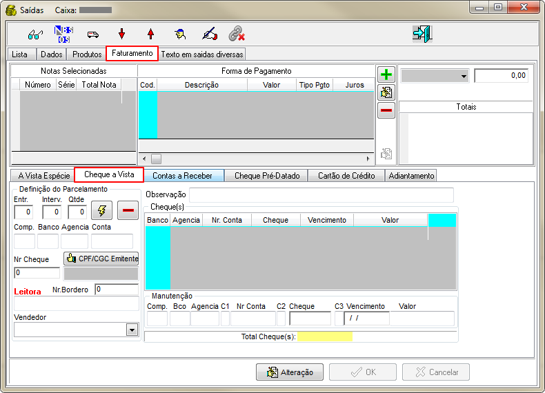 Caixa Operacional - Aba Extrato - Botao Nota Fiscal de Venda - Form Saidas Caixa - Aba Faturamento - Cheque a Vista.png