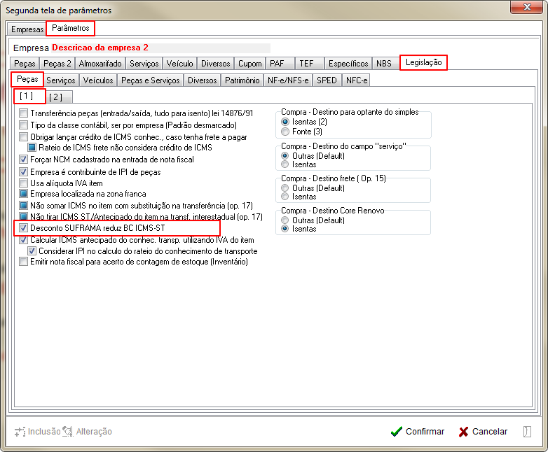 Tabelas - Parametros Gerais 2 - Legislacao - Pecas - Aba 2 Parametro Desconto SUFRAMA reduz BC ICMS-ST.png