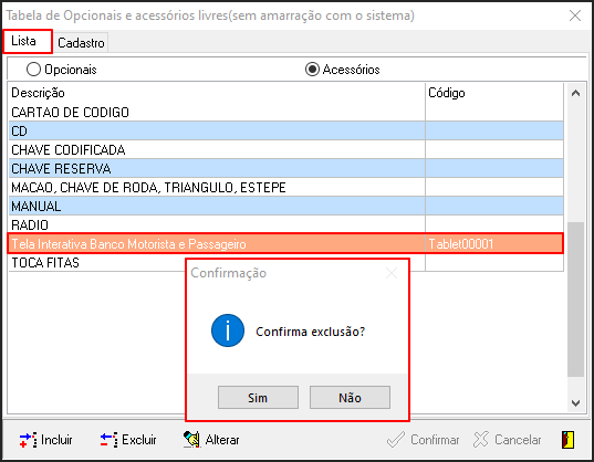 Avalia - Tabelas de Suporte - Opcionais e Acessórios - Form Tabela de Opcionais - Aba Lista - Botão Excluir - Tela Confirmação.png