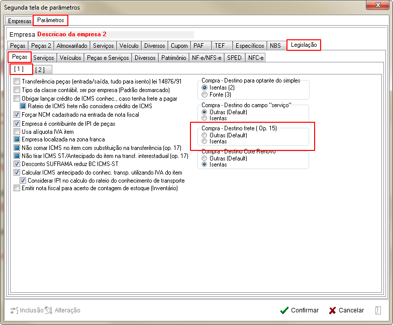 Tabelas - Parametros Gerais 2 - Legislacao - Pecas - Aba 2 Parametro Compra - Destino frete (Op. 15).png