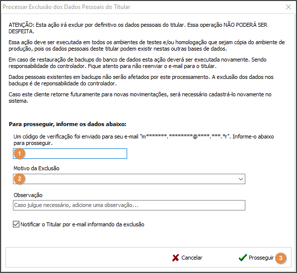 Clientes - Aba Cockpit LGPD - Sub Aba Término do Atendimento - Botão Processar Exclusão - Form Processar Exclusão dos Dados Pessoais.png