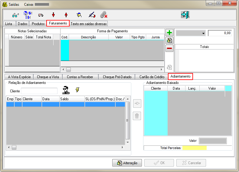 Caixa Operacional - Aba Extrato - Botao Nota Fiscal de Venda - Form Saidas Caixa - Aba Faturamento - Adiantamento.png
