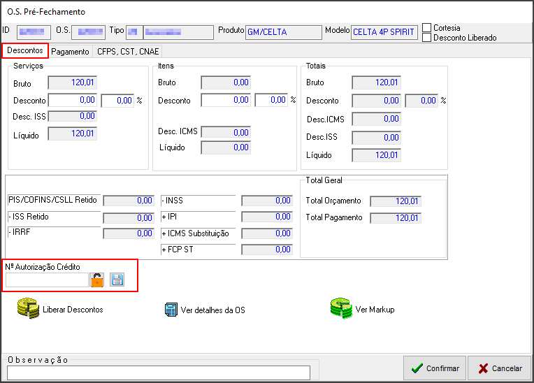 Release - NBS OS - O.S. - Pré Fechamento - Aba Descontos - Campo N Autorização Crédito.png