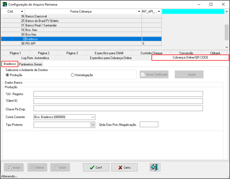 Sisfin - Tabelas - Cobrança Bancaria - Configuração Empresa Banco - Form Conf do Arquivo Remessa - Cobrança Online-QR Code - Aba Bradesco.png