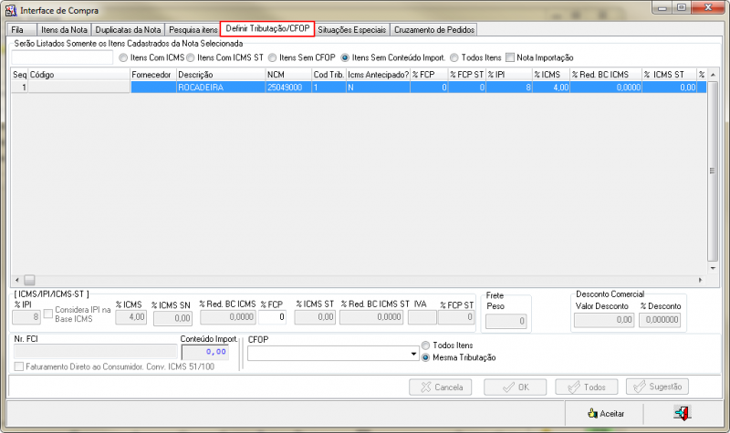 Compras - Botao Incluir - Compra - Form Entrada de Nota Fiscal - Botao Interface - Form Interface de Compra - Aba Definir Tributacao-CFOP.png