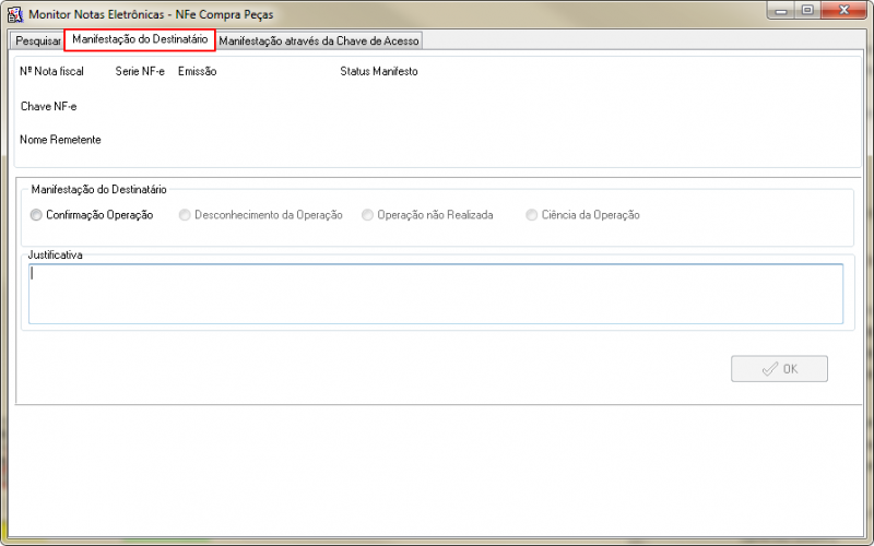 Compras - Btao Incluir - Compra - Form Entrada de NF - Btao Interface - Form Interface de Compra - Btao Carregar - Tela Inf - Btao Monitor - Form Monitor Notas Eletronicas-NFE Compra Pecas - Aba Manifestacao do Dest.png