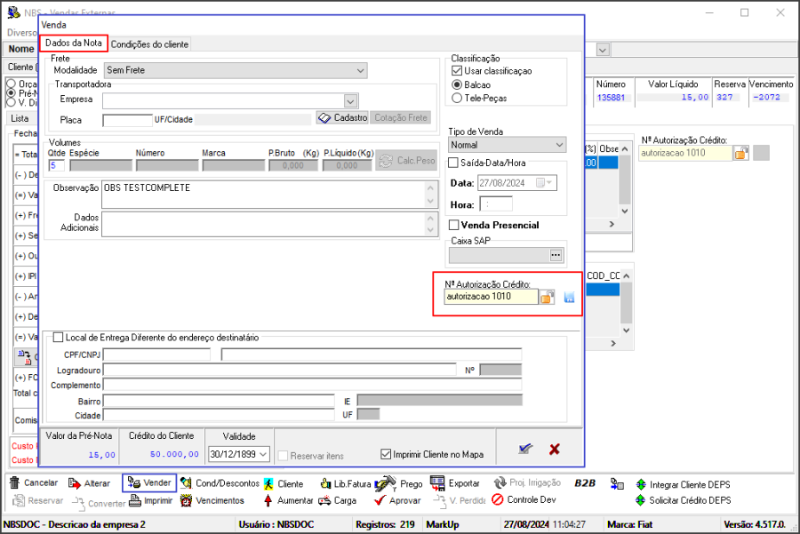 Release - Vendas - Aba Orçamento-Pré-Notas - Aba Fechamento - Botão Vender - Aba Dados da Nota - Campo N Autorização Crédito.png