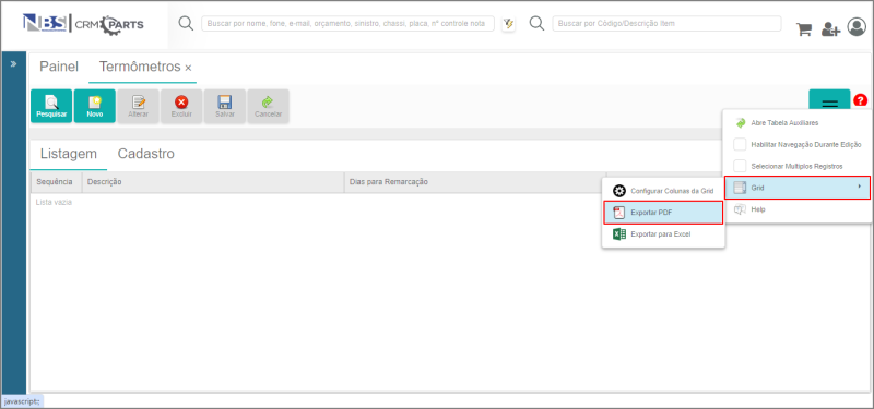 CRM Parts - Tabelas - Orçamento - Tabela de Pendências - Botão Mais Opções - Grid - Exportar PDF.png