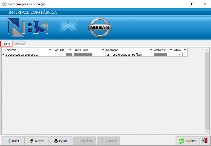 Nisssan Extrator - Parametros - Cruzamento Empresa x Operacao - OP 13 - Aba Lista.png