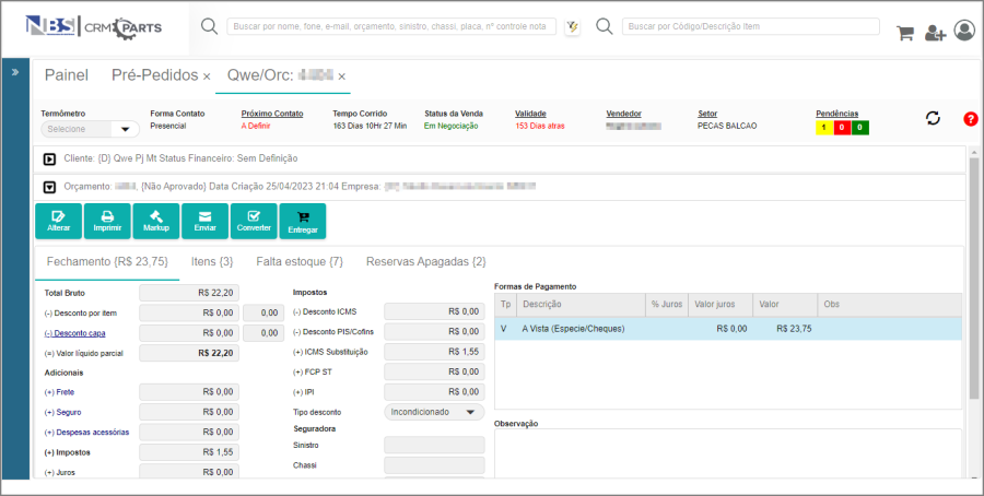 CRM Parts - Tela Menu Principal - Pré Pedidos - Grid - Ficha do Item - Dados do Orçamento.png