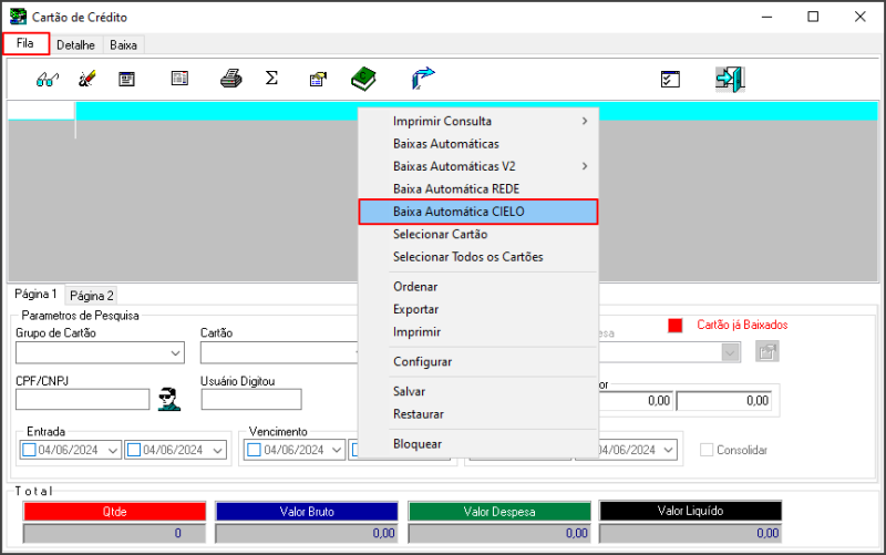 Sisfin - Contas a Receber - Cartão de Crédito - Aba Fila - Menu Flutuante - Form Baixa Automática CIELO.png
