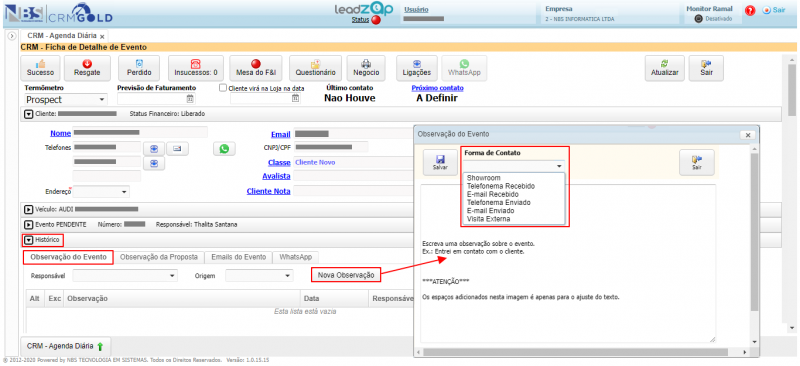 CRM Gold - Tabela - Controle de Lead - Agenda - Aba Leads - Aba Historico - Botao Nova Observacao - Form Observacao do Evento.png