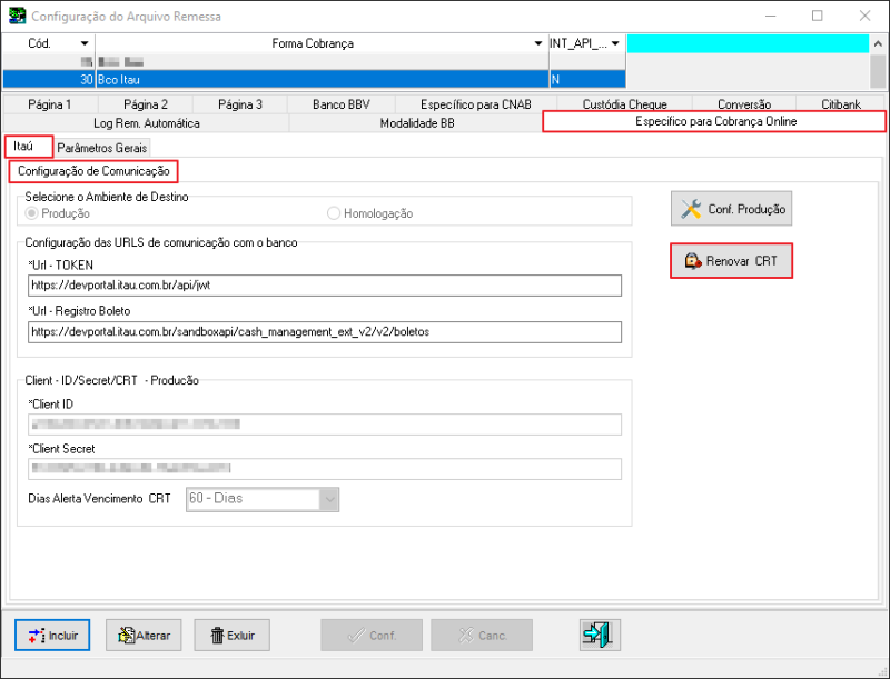 Sisfin - Tabelas - C Bancária - Config Emp - Banco - Aba Especifico para Cobranca Online - Configuração de Comunicação - Botão Renovar CRT.png