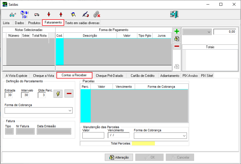 Sisfin - Contas a Receber - Nota Fiscal Venda - Form Saidas - Aba Faturamento - Sub Aba Contas a Receber.png