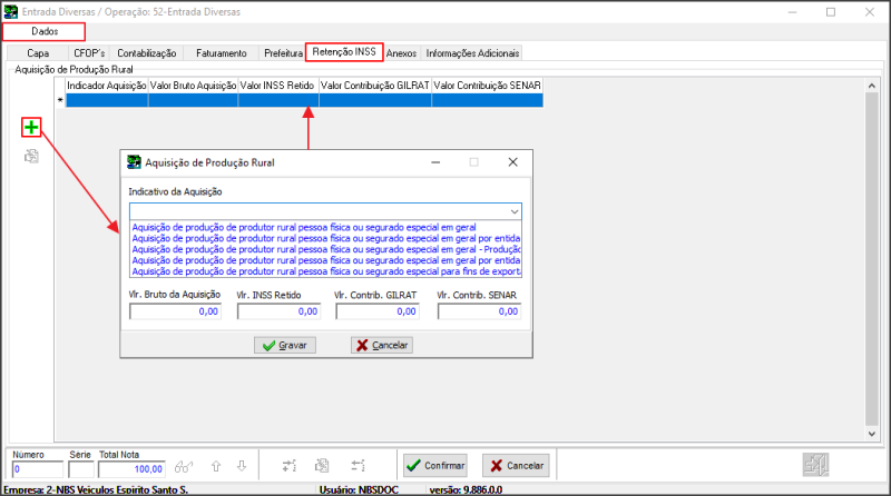 Sisfin - Contas a Pagar - Carteira Contas a Pagar - Aba Contas a Pagar - Botão NF Compra - Botão Incluir Entrada-Só Diversa - Form Entrada Diversas - Aba Dados - Sub Aba Retenção INSS - Produtor Rural-PF.png