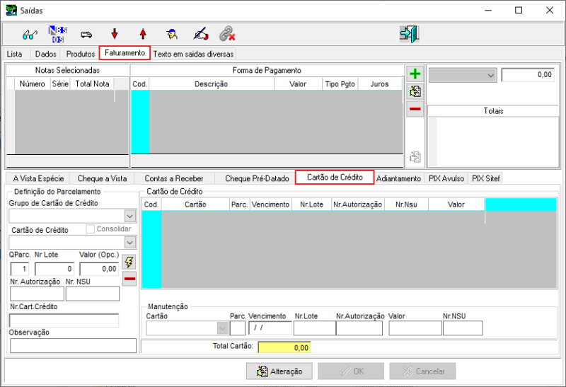 Sisfin - Contas a Receber - Nota Fiscal Venda - Form Saidas - Aba Faturamento - Sub Aba Cartao de Credito.png