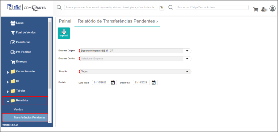 CRM Parts - Relatórios - Vendas - Relatório de Transferências Pendentes.png