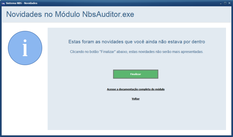 NBSAuditor - Tela Novidades - Botão Conferir as Novidades - Botão Próximo - Botão Finalizar.png
