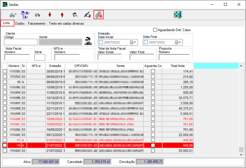 Sisfin - Contas a Receber - Nota Fiscal Venda - Form Saidas - Aba Lista - Botao Remover Juncao de Notas.png