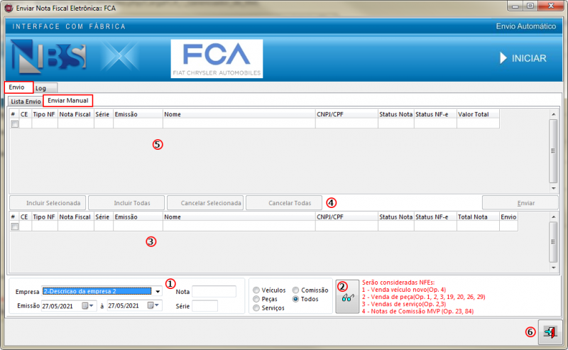 CargaFCA - Aba Gerenciador de XML - Gerenciador de Envio XML - Form Enviar NFE- FCA - Aba Envio Manual.png