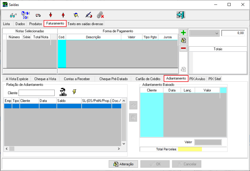Sisfin - Contas a Receber - Nota Fiscal Venda - Form Saidas - Aba Faturamento - Sub Aba Adiantamento.png