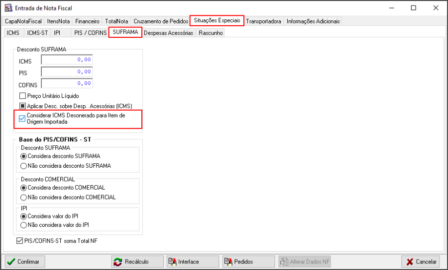 Release - Compras - Botão Incluir - Compra - Aba Situação Especiais - Sub Aba SULFRAMA - Parâmetro Considerar ICMS Desonerado para item de origem importada.png