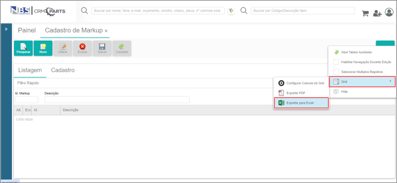 CRM Parts - Tabelas - Peças - Markup - Botão Mais Opções - Opção Grid - Exportar Excel.png