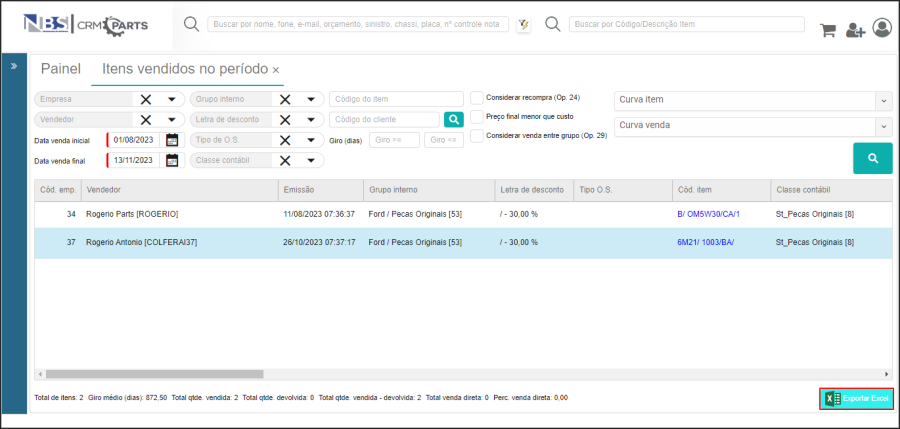 CRM Parts - Relatórios - Itens Vendidos no Período - Botão Exportar Excel.png