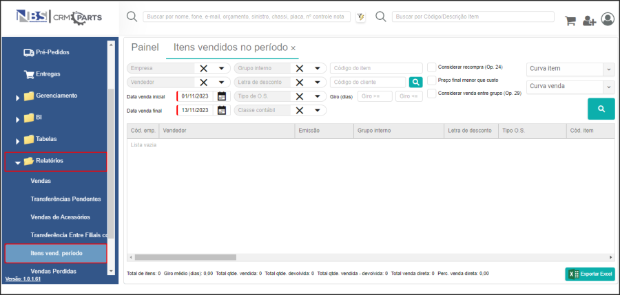 CRM Parts - Relatórios - Itens Vendidos no Período.png