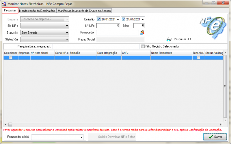 Compras - Btao Incluir - Compra - Form Entrada de NF - Btao Interface - Form Interface de Compra - Btao Carregar - Tela Inf - Btao Monitor - Form Monitor Notas Eletronicas - NFE Compra Pecas.png