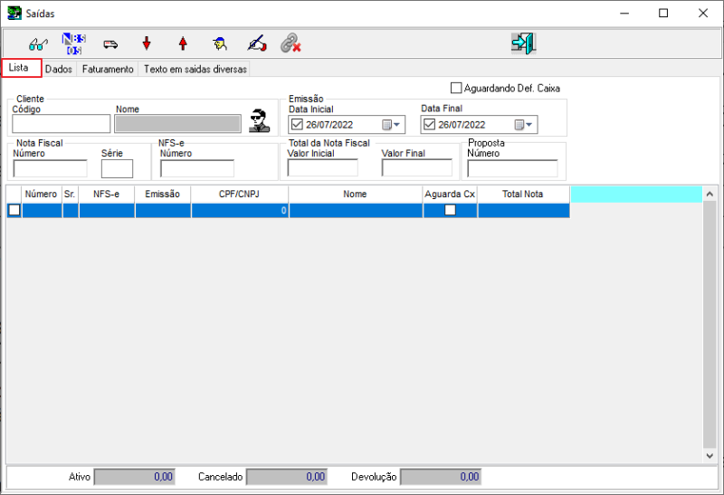 Sisfin - Contas a Receber - Nota Fiscal Venda - Form Saidas - Aba Lista.png