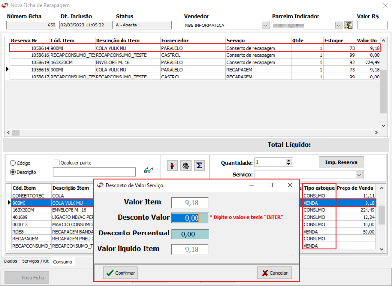 NBSRecap - Ficha - Nova Ficha - Form Nova Ficha de Recapagem - Aba Consumo - Botao Desconto sob item Consumo1.png