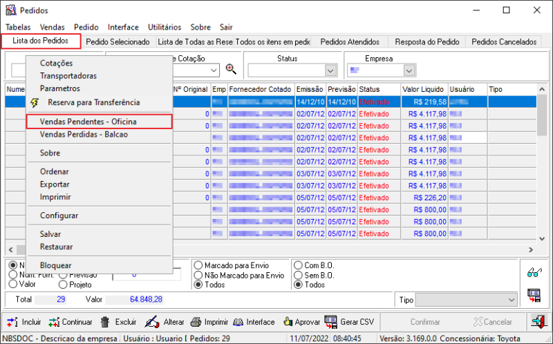 Pedido - Tela Menu Principal - Aba Lista dos Pedidos - Menu Flutuante - Vendas Pendentes-Oficina1.png