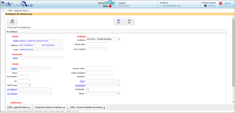 CRM Gold - Controle de Leads - Agenda - Ficha de Detalhe do Evento - Aba Atendimento - Avaliacao - Botao Pre Avaliar - Formulario Avaliacao de Seminovos.png