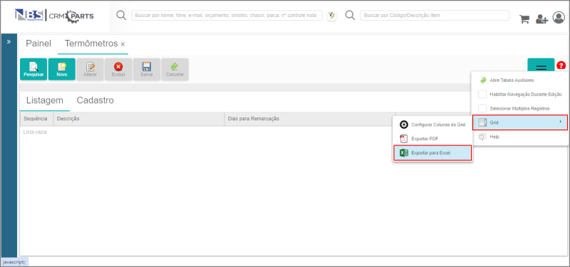 CRM Parts - Tabelas - Orçamento - Tabela de Pendências - Botão Mais Opções - Grid - Exportar para Excel.png